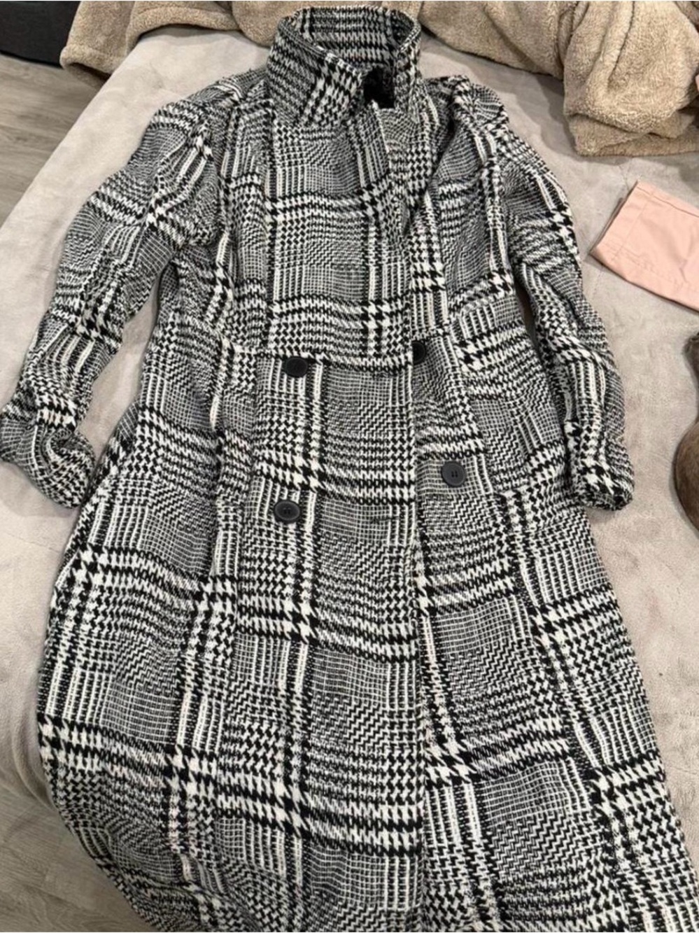 Black and White Plaid Double-Breasted Long Coat